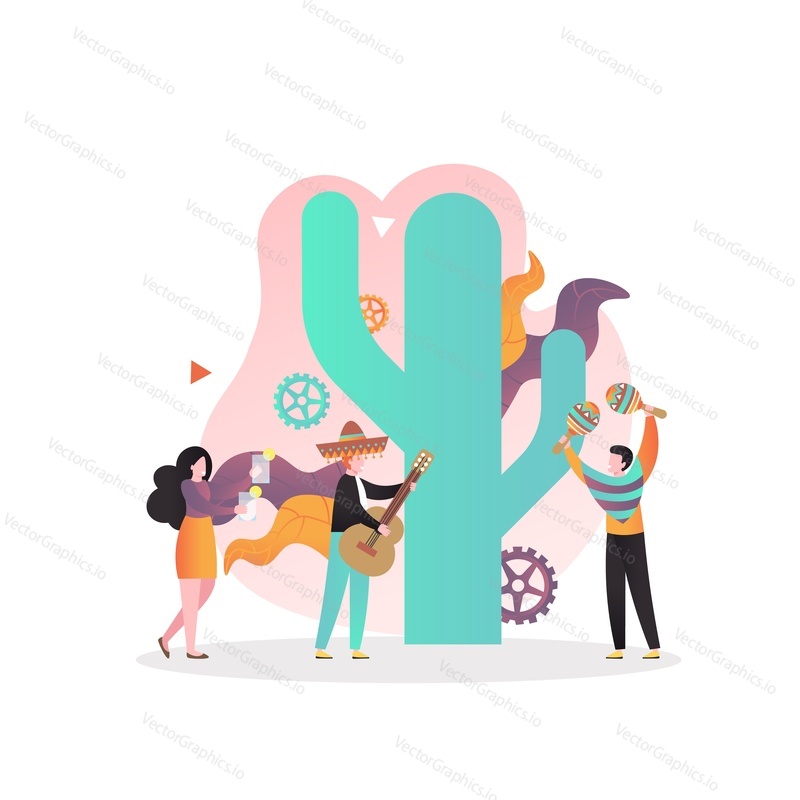 Huge cactus and micro characters musicians playing guitar and maracas wearing traditional mexican sombrero and poncho, vector illustration. Mexico national culture concept for web banner, website page