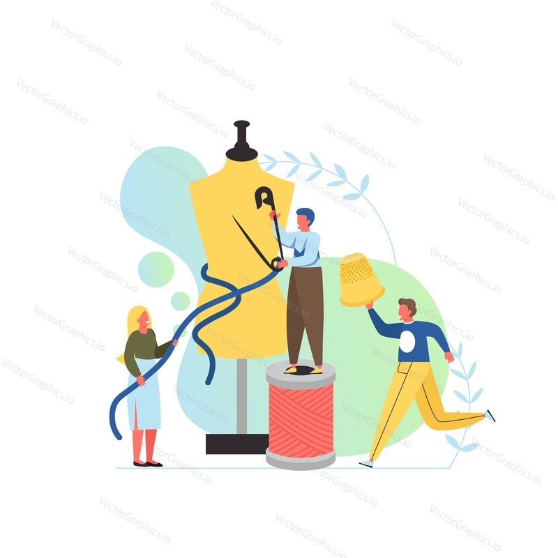 Sewing workshop, atelier, custom clothing, vector flat illustration. Big mannequin, thread and tiny characters working in tailoring shop using seamstress tools such as pin, thimble, measuring tape.