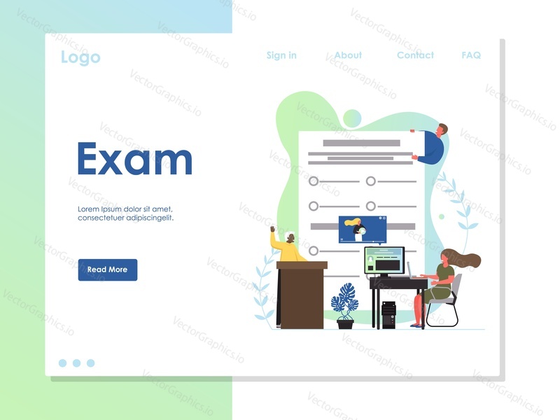 Exam vector website template, web page and landing page design for website and mobile site development. Online testing, questionnaire form, distance education, survey, internet exam concept.