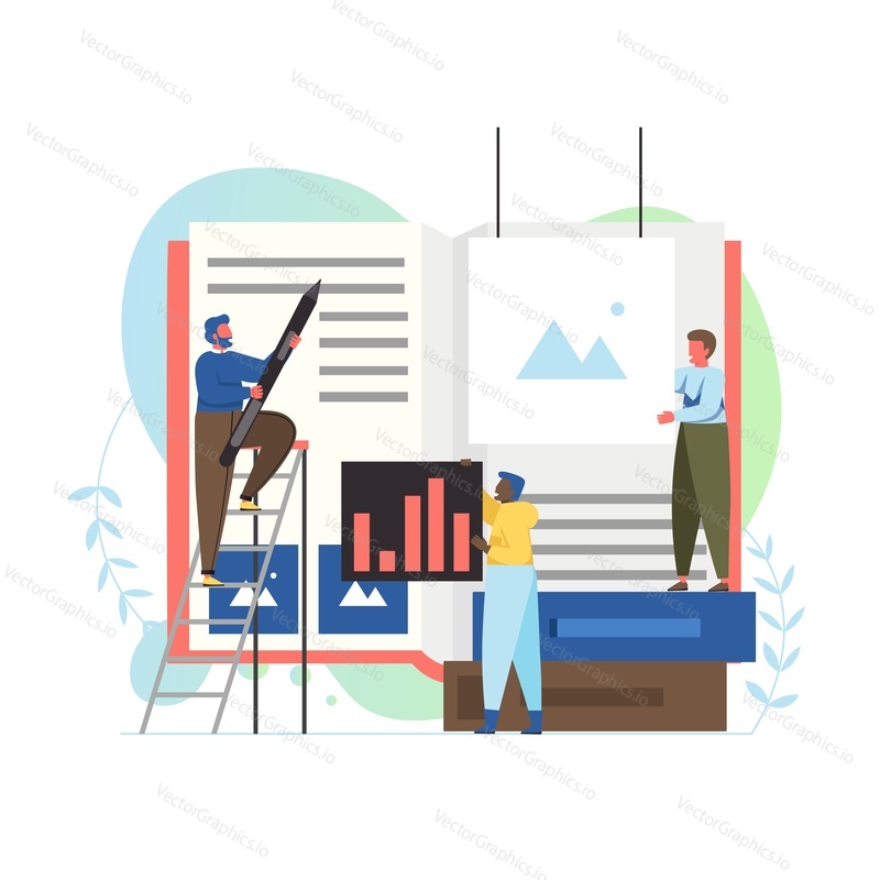 Book production concept vector flat style design illustration. Big open book and tiny characters team of people involved in publishing process. Publishing house or company services.