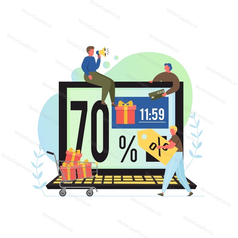 Online shopping clearance sale, deals, vector flat style design illustration. Great offers and discounts concept with big laptop and tiny characters for web banner, website page etc.