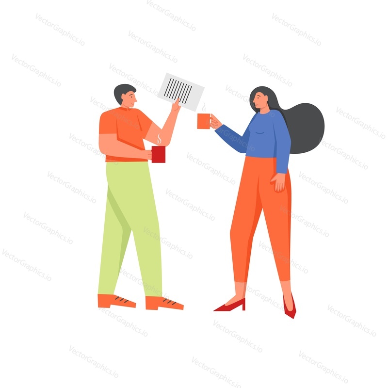 Coffee break, vector flat style design illustration. Business people man and woman drinking coffee while talking to each other. Office situation concept for web banner, website page etc.