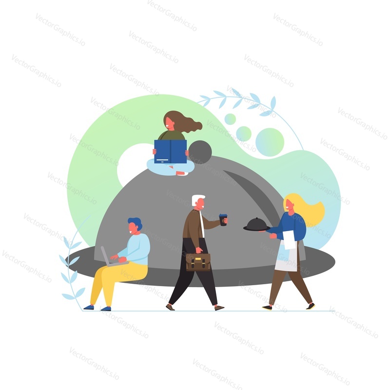 Cafe concept vector flat style design illustration. Big serving platter with dome lid and tiny characters visitors and waitress. Restaurant, catering business.
