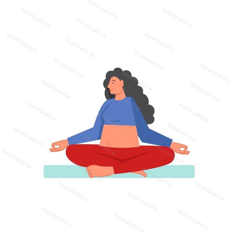Женщина, выполняющая сукхасану или легкую позу йоги, векторная плоская иллюстрация, изолированная на белом фоне. Удобная поза для медитации. Класс йоги, концепция базовых поз или асан для веб-баннера и т.д.