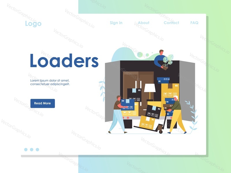 Loaders vector website template, web page and landing page design for website and mobile site development. Moving home, services of movers concept.