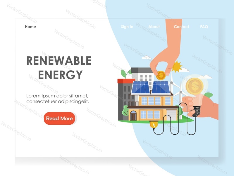 Renewable energy vector website template, web page and landing page design for website and mobile site development. Investment in alternative eco green energy.