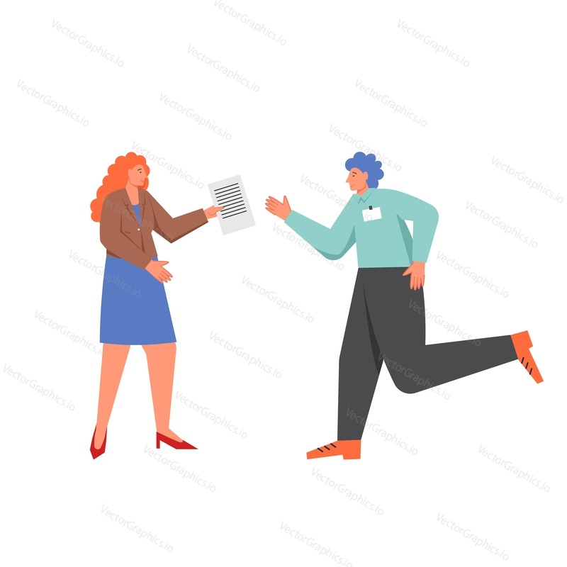 Recruitment, vector flat style design illustration. Woman employment agency worker giving cv to running man. Choosing the best resume, employee selection process concept for web banner, website page.