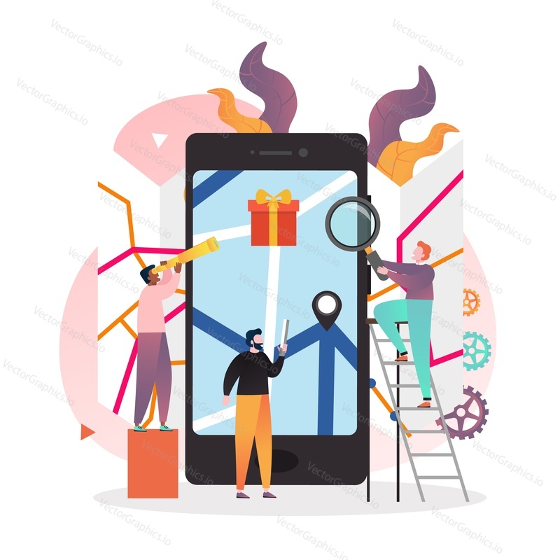 Mobile adventure quest games vector concept illustration. Huge smartphone with game route and reward at the very end, male and female characters with magnifier, telescope. Quest mobile gaming.