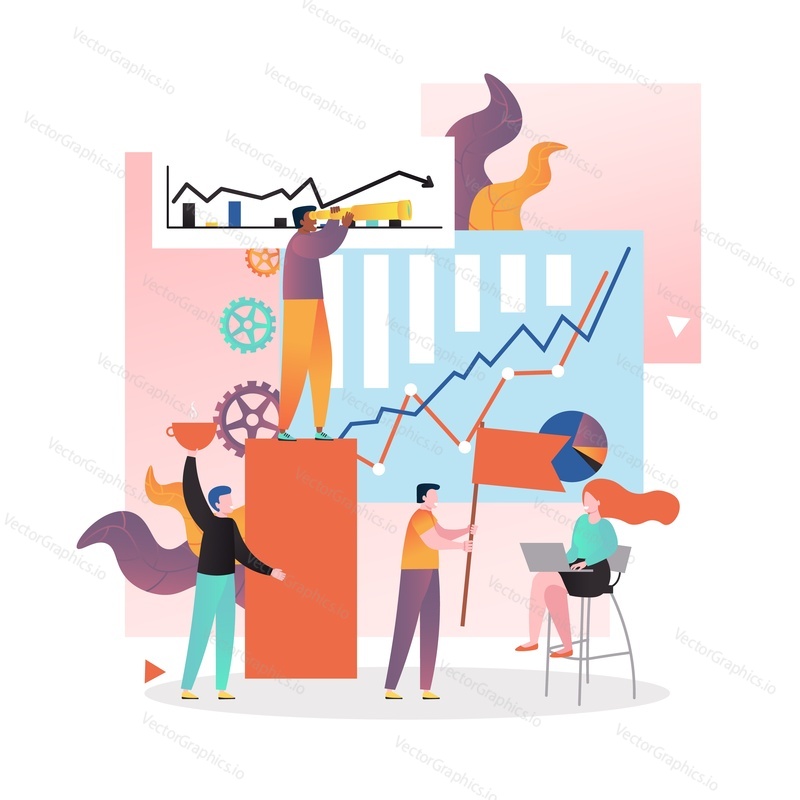 Business team characters with leader looking through telescope, vector illustration. Leadership, teamwork, vision concept for web banner, website page etc.