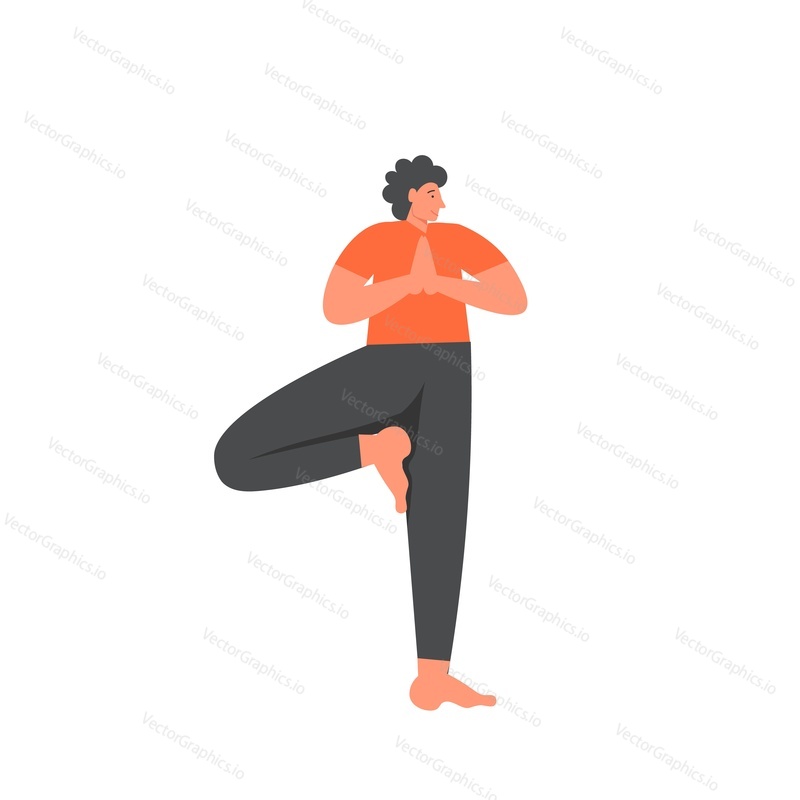 Man doing Tree yoga pose, vector flat style design illustration isolated on white background. Yoga class, basic postures or asanas concept for web banner, website page etc.