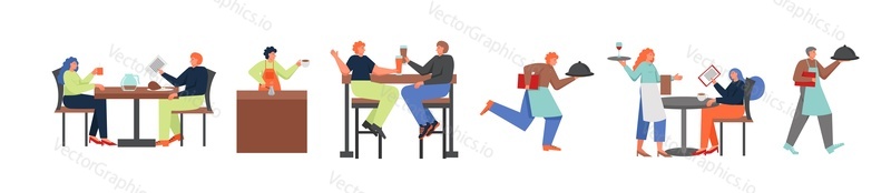 Restaurant staff and visitors eating, drinking beer, vector flat illustration isolated on white background. Restaurant business concept for web banner, website page etc.
