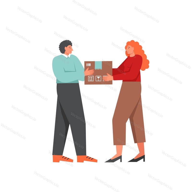 Delivery man courier giving cardboard box parcel to receiver woman. Vector flat illustration isolated on white background. Fast mail delivery services concept for web banner, website page etc.