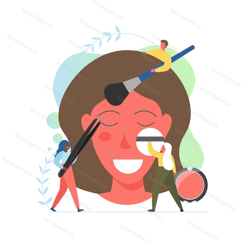 Visagiste services, vector flat illustration. Tlny characters professional makeup artists applying make-up on woman face, tweezing eyebrows. Beauty salon, parlor concept for web banner, website page.