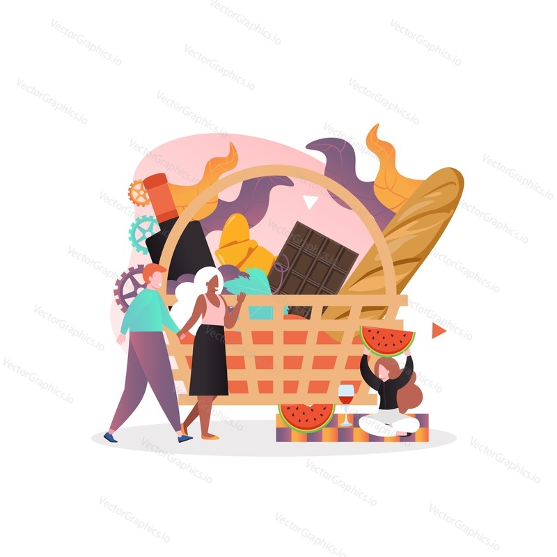 Huge picnic basket with food and drink, happy micro male and female characters having bbq party, vector illustration. Summer picnic event concept for web banner, website page etc.