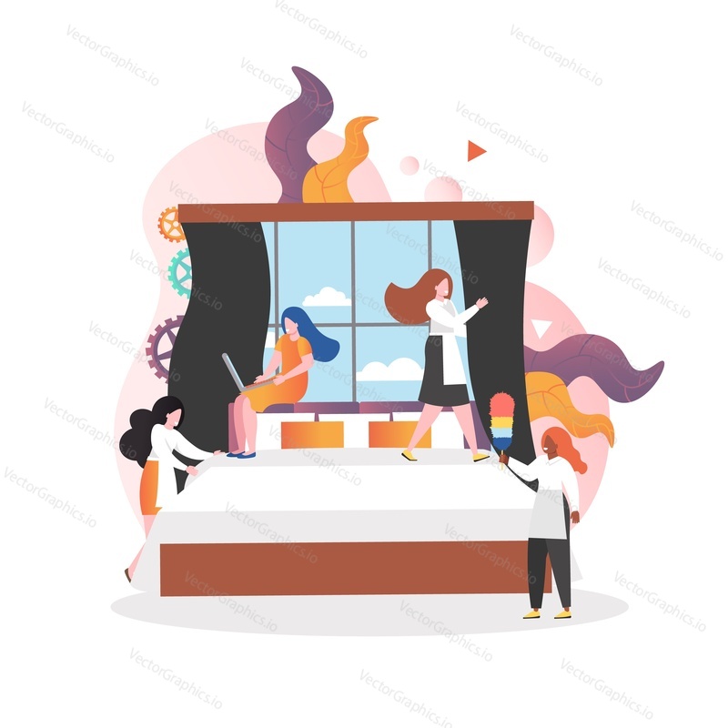 Chambermaid making bed, housekeeper cleaning hotel room, vector illustration. Hotel room service, housekeeping concept for web banner, website page etc.