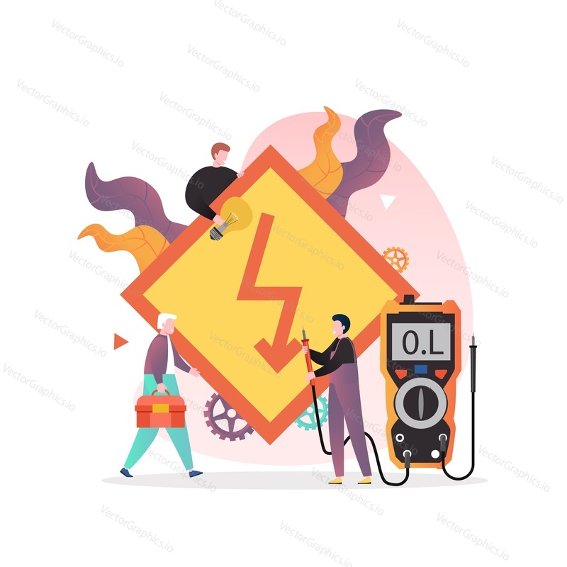 Huge danger electricity warning sign and micro electricians with electrical equipment voltmeter, toolbox and light bulb, vector illustration. Electricity installation, repair and maintenance services.