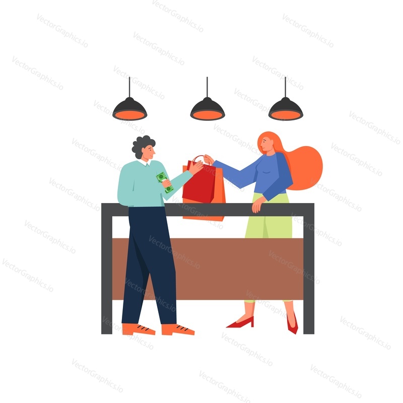 Lady buying clothes in fashion boutique women apparel store, vector flat illustration isolated on white background. Buyer and seller, shopping concept for for web banner, website page etc.