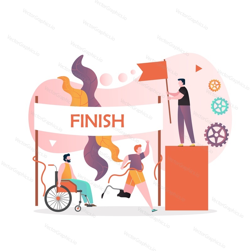 Disabled athletes in wheelchair with leg prosthesis crossing finish line, vector illustration. Racing wheelchairs, paralympic games concept for web banner, website page etc.