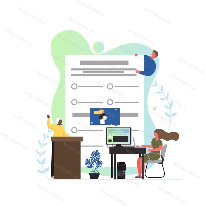 Vector flat style design illustration of young people students taking test. Online testing, questionnaire form, distance education, survey, internet exam concept for web banner, website page etc.