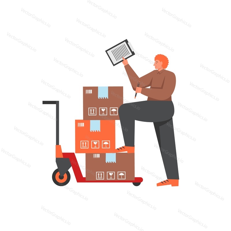 Delivery man and hand truck full of cardboard boxes. Vector flat style design illustration isolated on white background. Delivery stock concept for web banner, website page etc.