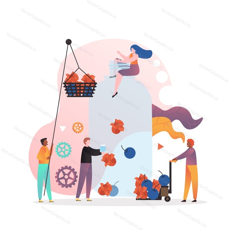Male and female characters making new perfume extracting fragrant essential oils from flowers and berries, vector illustration. Perfume manufacturing process concept for web banner, website page etc.