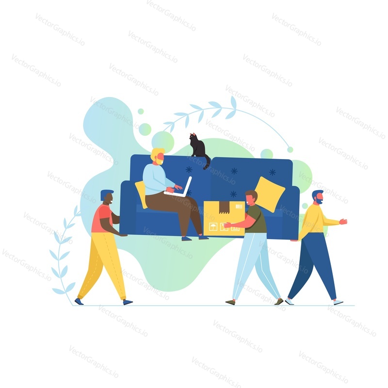 Loaders carrying cardboard boxes and sofa with man and cat sitting on it, vector flat style design illustration. Moving house, relocation service concept for web banner, website page etc.