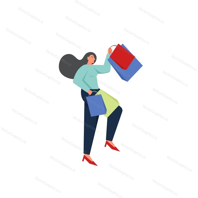 Young woman with shopping bags, vector flat illustration isolated on white background. Purchases concept for for web banner, website page etc.