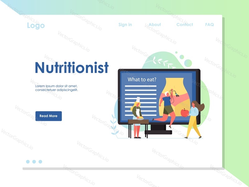 Nutritionist vector website template, web page and landing page design for website and mobile site development. Healthy eating nutrition concept with dietician advising clients on which foods to eat.