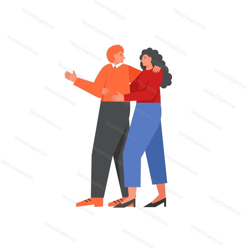 Happy couple hugging while walking along the street, vector flat style design illustration isolated on white background. Walk in the park concept for web banner, website page etc.