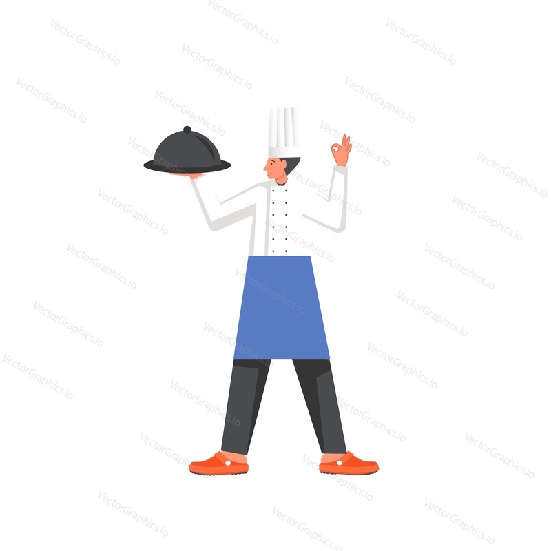 Young man chef holding dish silver platter and showing okay hand sign. Vector flat illustration isolated on white background. Restaurant cook, professional cooking concept for web banner, website page