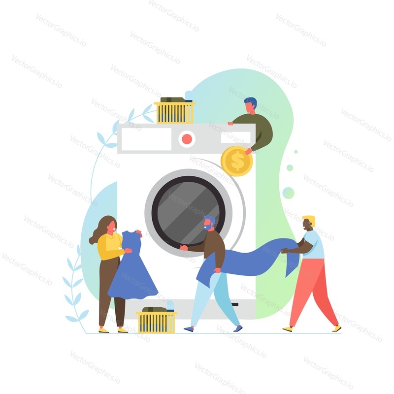 Laundry room with tiny characters loading big washing machine and putting coin into it, vector flat style design illustration. Self-service laundry concept for web banner, website page etc.