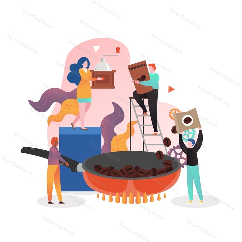 Male and female characters roasting and grinding coffee beans, vector illustration. Coffee industry production composition for web banner, website page etc.