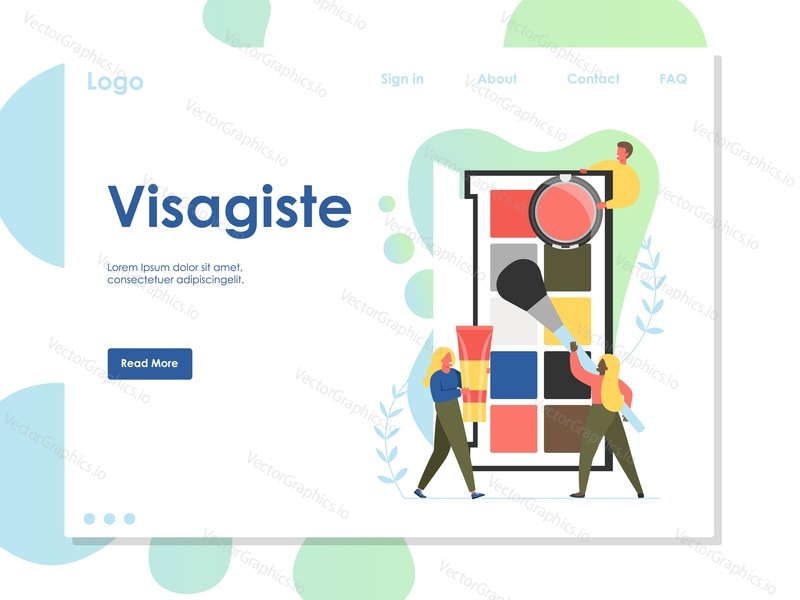 Векторный шаблон веб-сайта Visagiste, дизайн веб-страницы и целевой страницы для разработки веб-сайтов и мобильных сайтов. Большая палитра теней для век и крошечные персонажи визажистов. Курс красоты и макияжа, класс.