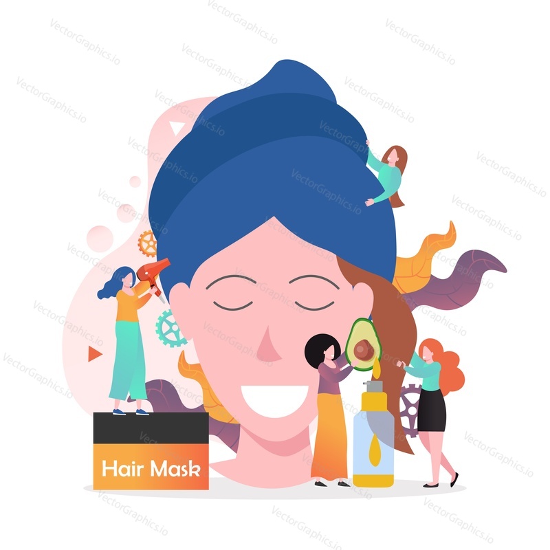Huge woman head and micro characters hairdressers applying hair mask on clean hair, vector illustration. Healthy hair, beauty salon services concept for web banner, website page etc.