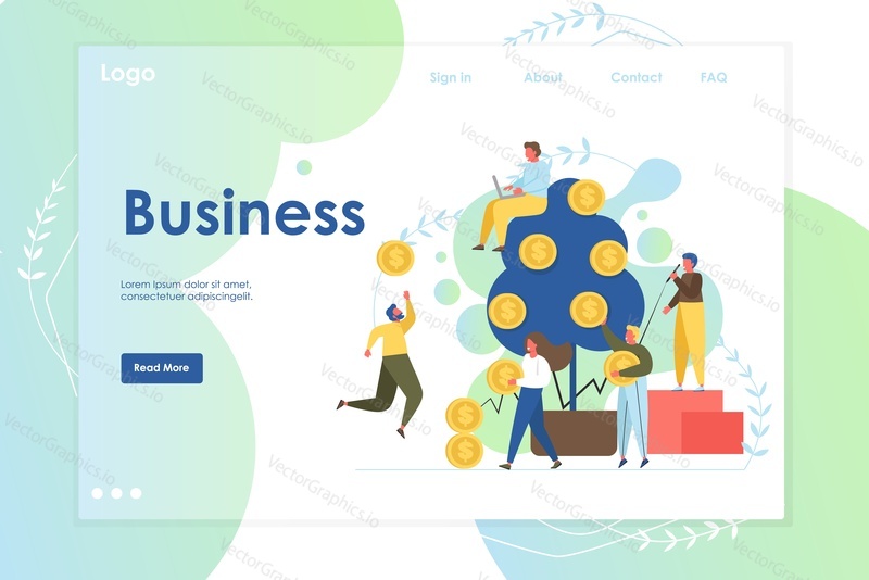 Business vector website template, web page and landing page design for website and mobile site development. Office people picking golden dollar coins from money tree. Business growth financial success