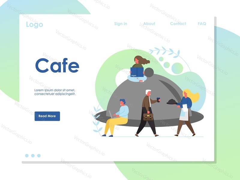 Cafe vector website template, web page and landing page design for website and mobile site development. Restaurant, catering business concept with big serving platter, tiny visitors and waitress.