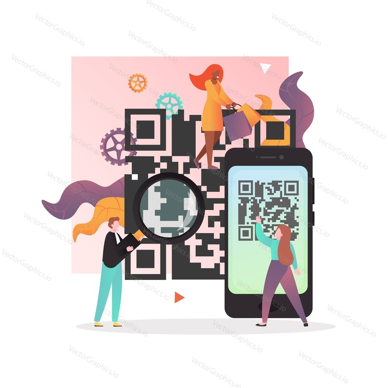 People using smartphone for barcode reading and payment while doing shopping, vector illustration. Mobile phone QR code shopping concept for web banner, website page etc.