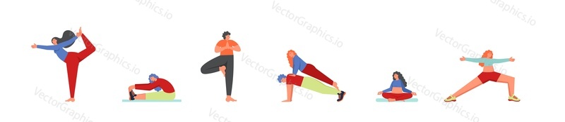 People doing yoga asanas, vector flat style design illustration isolated on white background. Tree, Plank, Sukhasana, Warrior 2, Lord of the dance yoga poses.