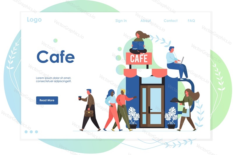 Векторный шаблон веб-сайта кафе, дизайн веб-страницы и целевой страницы для разработки веб-сайтов и мобильных сайтов. Ресторанное питание, корпоративное питание и услуги кафетерия.
