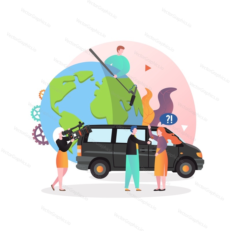 Tv news channel car van, journalist interviewing woman, shooting crew with camera and mic, vector illustration. Journalism, mass media, news broadcast, live hot breaking news concept for website page.