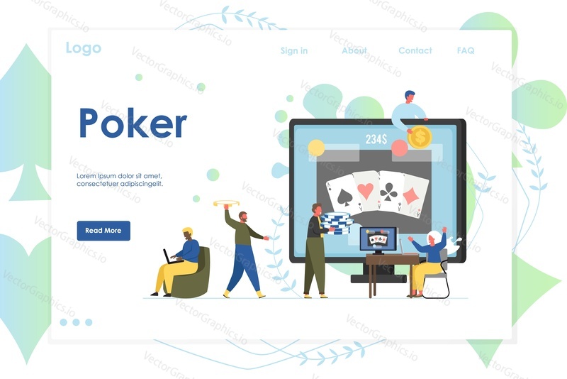 Poker vector website template, web page and landing page design for website and mobile site development. Internet poker concept with characters players, computer monitor with playing cards on screen.
