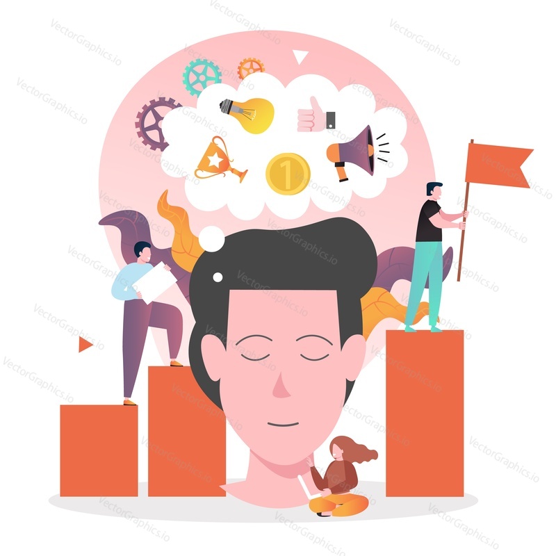 Business team leader huge head thinking, micro male and female characters, leader with flag standing on the top of bar graph, vector illustration. Leadership concept for web banner, website page etc.