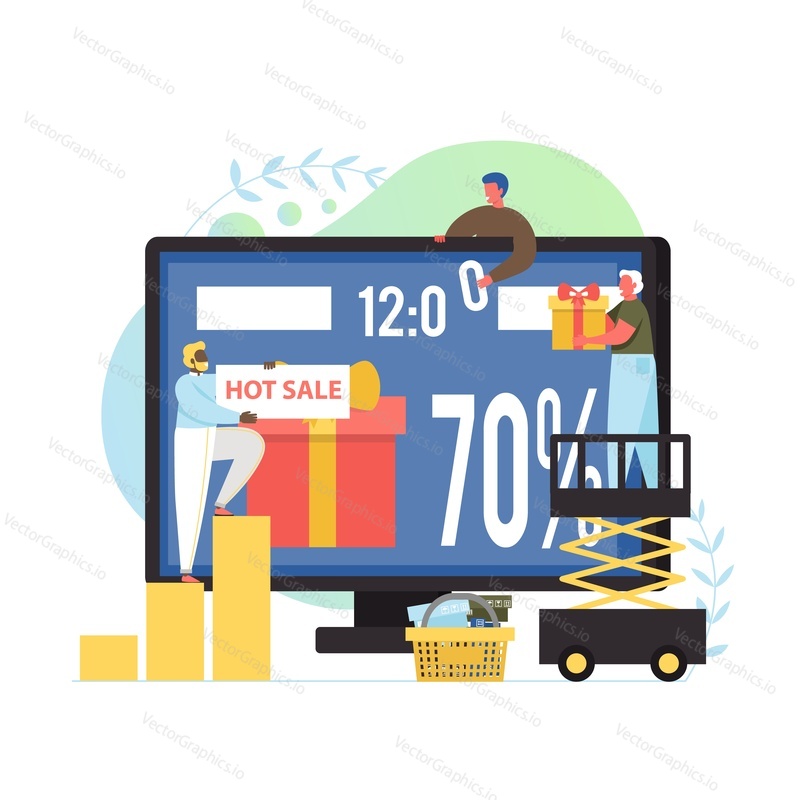 Best online shopping offers, vector flat illustration. Gift box, 70 percent hot sale text on big computer monitor screen and tiny characters. Internet store discounts concept for web banner etc.