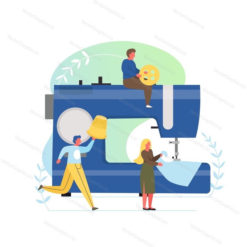 Atelier, garment factory, clothing workshop, vector flat style design illustration. Tiny characters woman seamstress sewing on big electric sewing machine, men holding button, thimble. Tailoring.