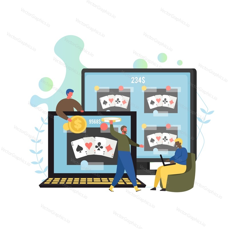 Online poker, vector flat style design illustration. Internet gambling, online casino room concept with tiny characters players, big computer monitor and laptop with playing cards on screens.