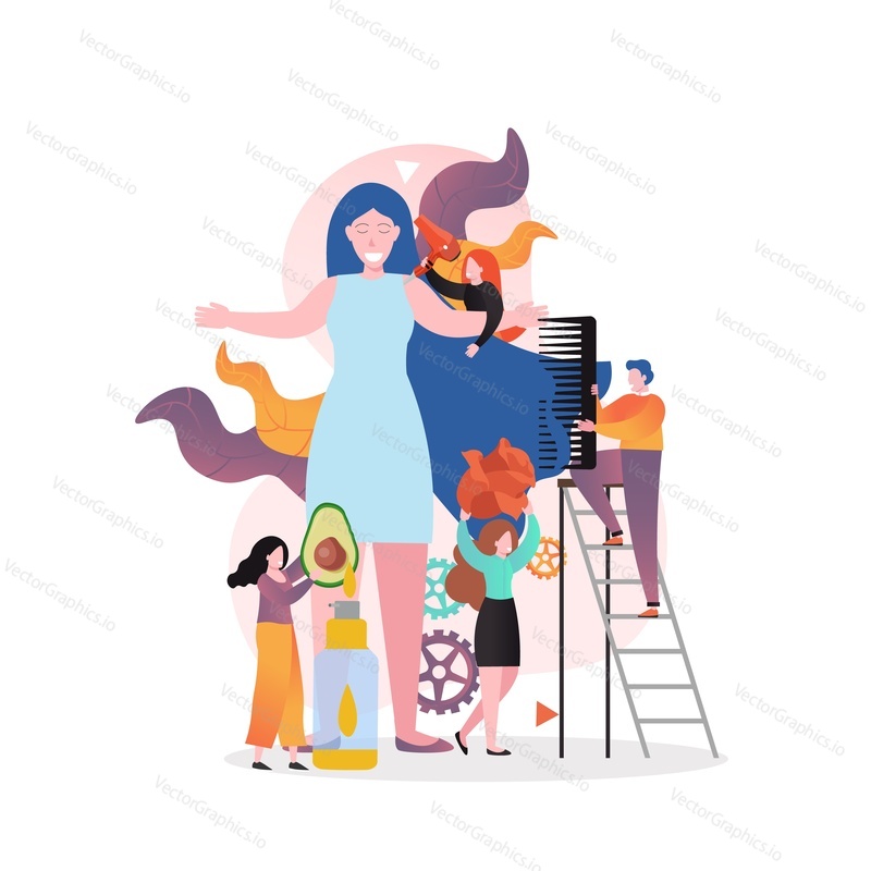 Huge woman and micro characters hairdressers blow-drying, combing and styling her hair, vector illustration. Healthy hair, beauty salon services concept for web banner, website page etc.
