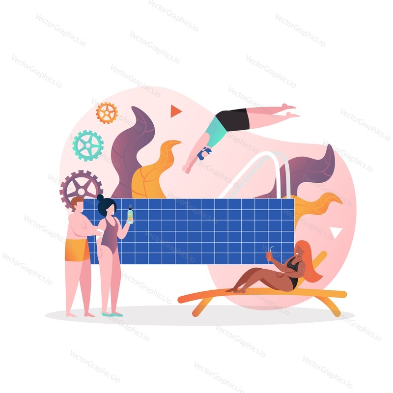 Male and female characters sunbathing, jumping in water in swimming pool, vector illustration. Summer beach vacation, outdoor swimming pool concept for web banner, website page etc.