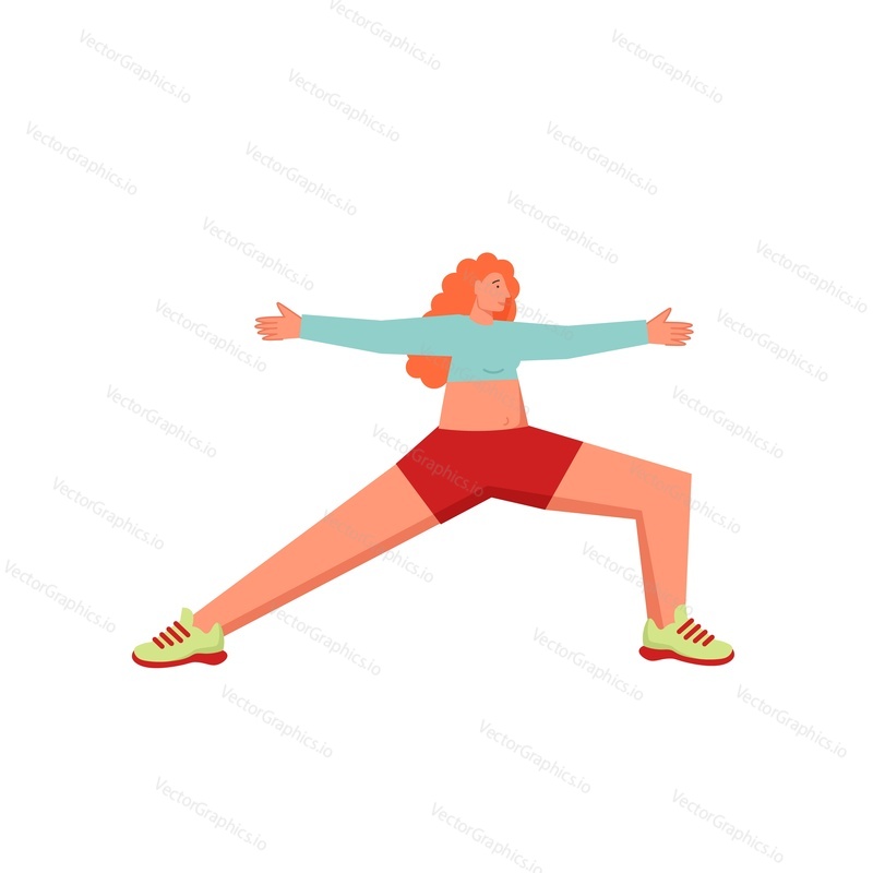 Женщина, выполняющая позу йоги воина 2, векторная иллюстрация дизайна в плоском стиле, изолированная на белом фоне. Занятия йогой, основные позы, упражнения