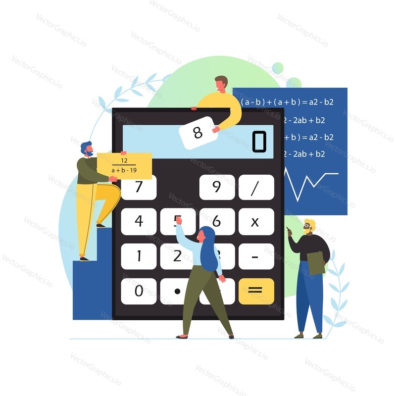 Math class, vector flat style design illustration. Tiny characters doing sums using big calculator, mathematical formulas. Mathematics science, education concept for web banner, website page etc.