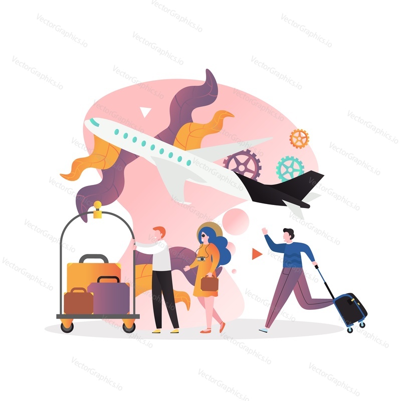 Airport concept vector illustration. Plane, male and female characters airport staff and travelers with luggage. Airlines services, business flight composition for web banner, website page etc.